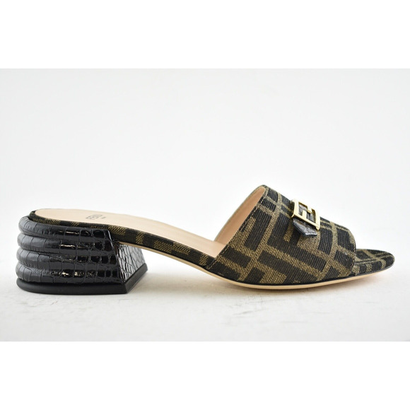 Fendi Black Brown FF Monogram Logo Backless Sandal Block Heel Mule Slide Pump 37 - Picture 2 of 12